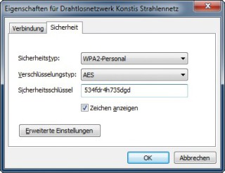 WLAN-Schlüssel auslesen: Wer das Passwort für sein Funknetz vergisst, braucht unter Windows Vista und 7 kein Spezial-Tool, um es zu rekonstruieren. Der Schlüssel wird in diesem Fenster angezeigt (Bild 3).