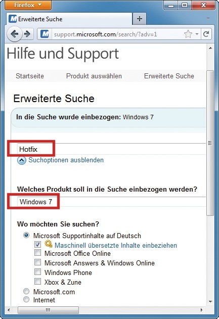 Hotfix finden: Diese Sucheinstellungen finden alle verfügbaren Hotfixes für Windows 7 (Bild 1).