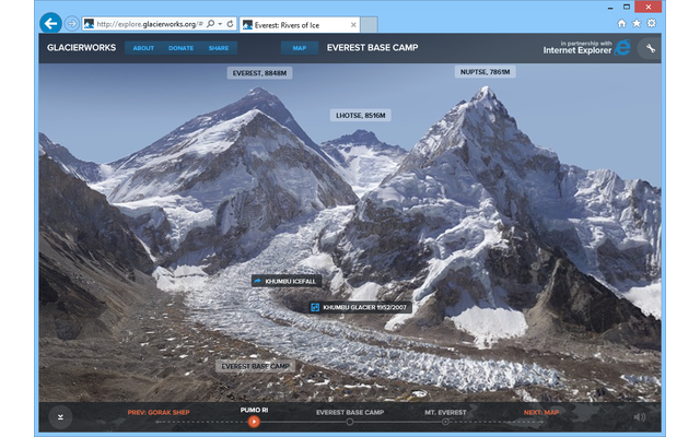 Mit interaktiven Bildergalerien und Hot-Spot-Overlays beginnt der Nutzer eine Zeitreise in die Vergangenheit des „Sagarmatha", wie der Everest auf Nepalesisch heißt.