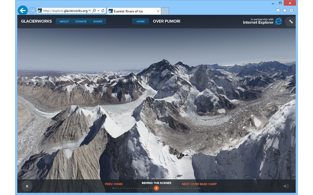 Atemberaubende Videos und Panoramen wie dieses erlauben eine einzigartige digitale Tour durch die Täler und über die Gipfel und umliegenden Gletscher der Everest-Region.