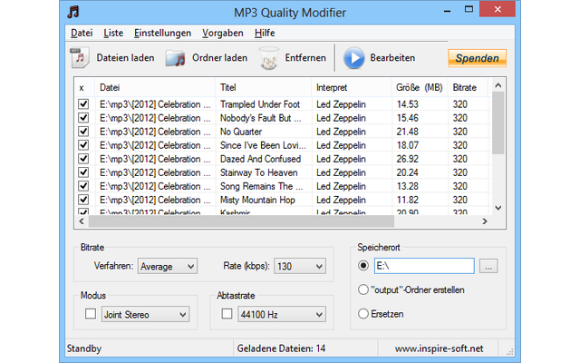 MP3 Quality Modifier verkleinert MP3-Dateien durch eine Reduzierung der Bitrate. Nach dem Programmstart ziehen Sie Ihre MP3-Dateien in die Dateiliste des MP3 Quality Modifiers und wählen unter „Vorgaben“ ein Downsampling-Profil aus.