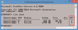 GPT-Partitionen erkennen: Der Windows-Befehl list disk kennzeichnet eine Festplatte in der Spalte „GPT“ mit einem Sternchen, wenn sie nach dem GPT-Partitionsschema eingeteilt ist